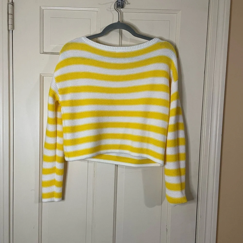 Garage Women's Knit Cropped Sweater Striped Yellow White Long-sleeves Sz S - Picture 4 of 6